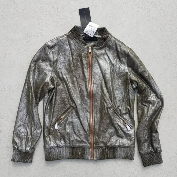 NWT Zara Olive Green Silver Shiny Glitter Bomber Jacket. M - Picture 2 of 8